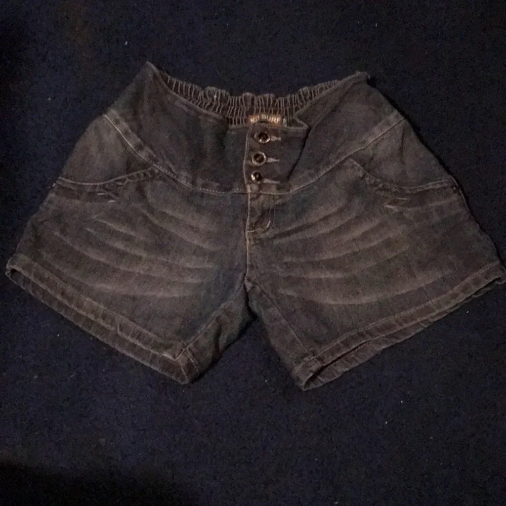 KD Surf Y2K Stretch Dark Wash Blue Denim Shorts With Black Crystal Cut Buttons
